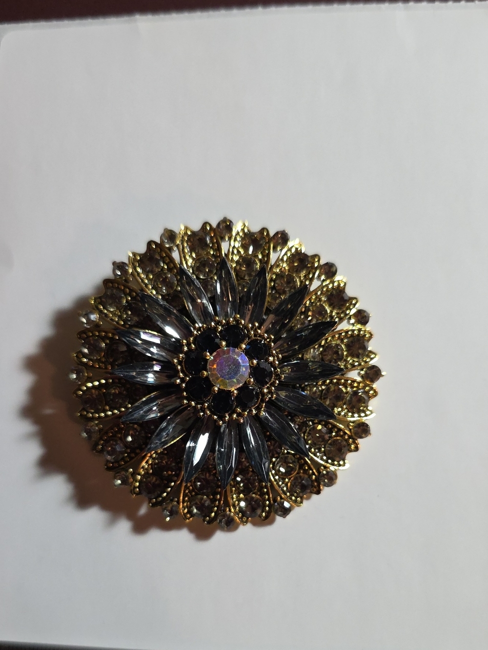 Gold-Tone Black Crystal Floral Brooch - New